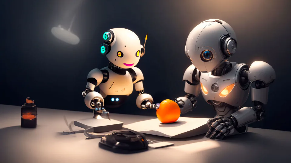 OrangeSky robot mascots working together around an orange